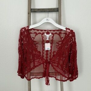 LC Lauren Conrad Burgundy Lace Short Cardigan